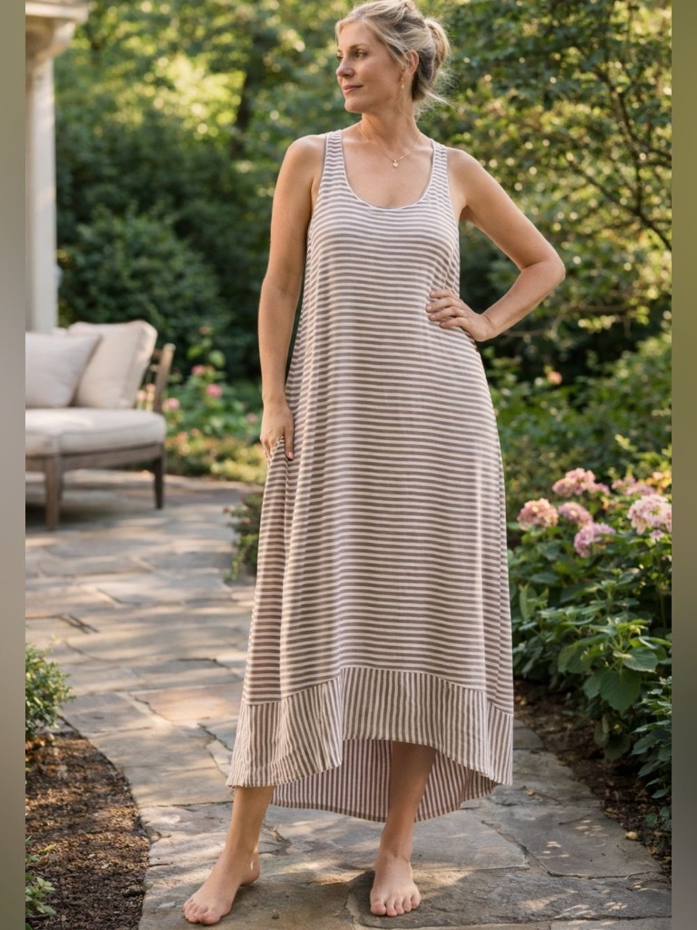 Eileen Fisher 100% Linen Striped Midi Dress Asymmetrical Hem Size M